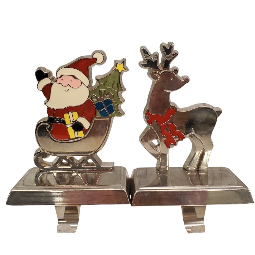 Vintage Santa Claus and Reindeer Stocking Holders Heavy Metal
